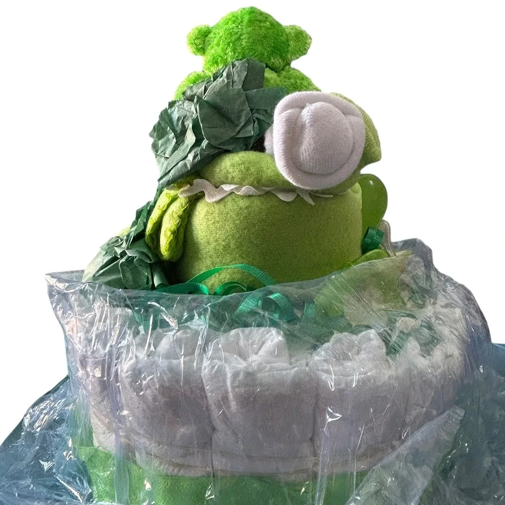 Green Diaper Cake Baby Shower Gift Teddy Bear Cow Blanket Baby Essentials NEW